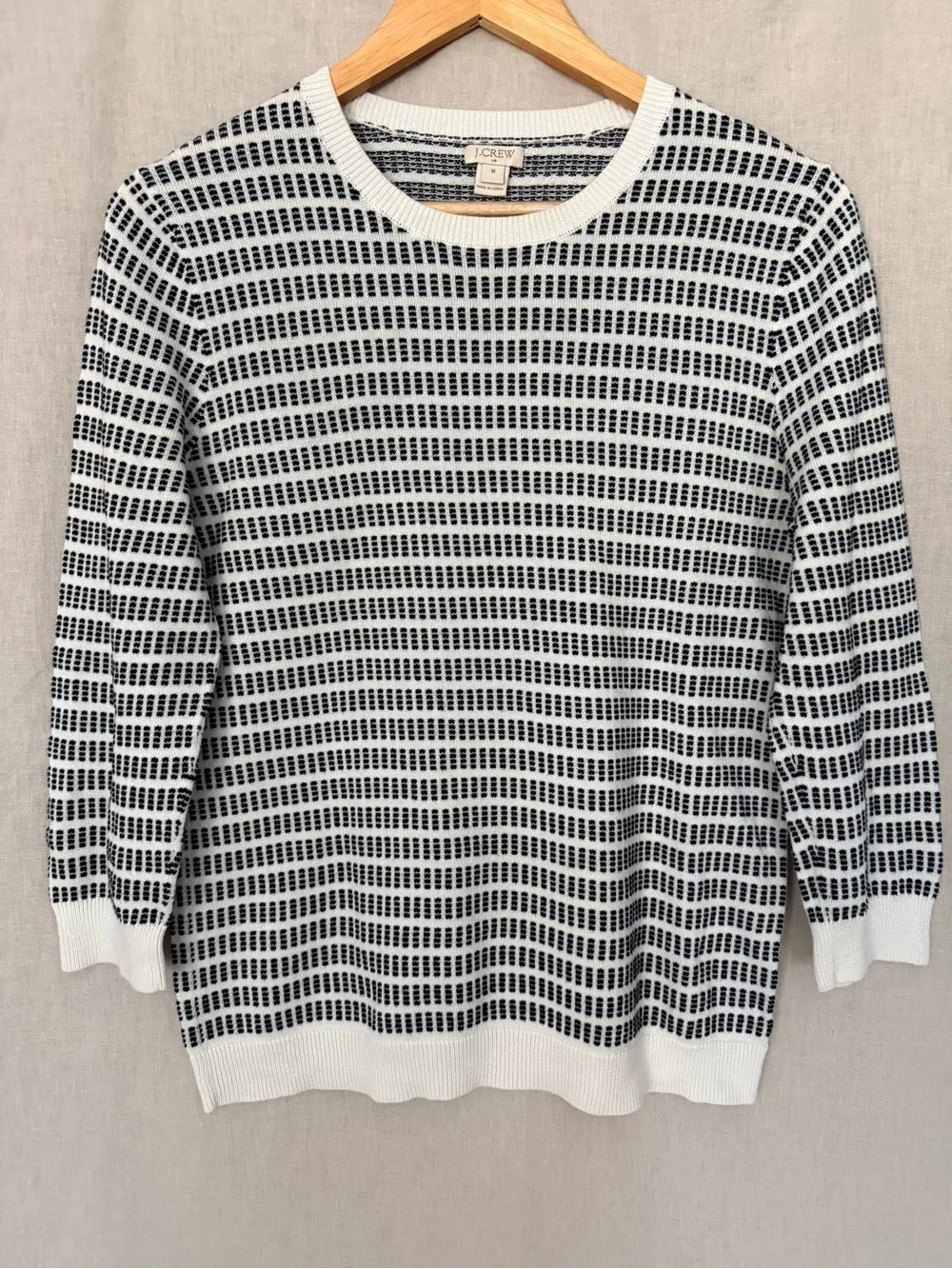 J.Crew Black and White Striped Patterned Knit Crewneck Sweater | 100% Cotton
